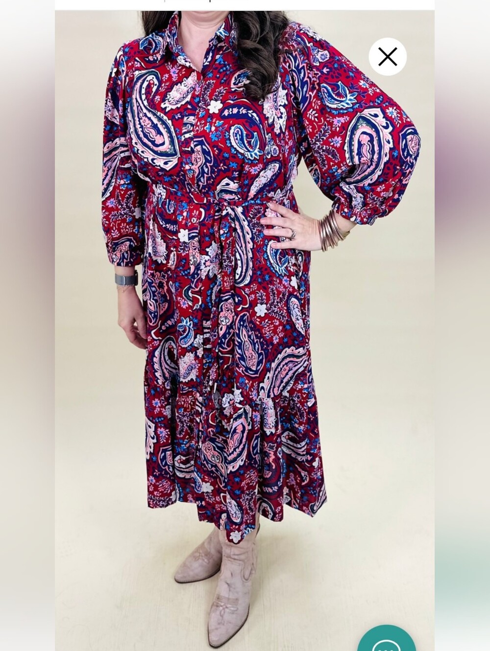 Umgee Shirt Dress Paisley Tie-Waist Midi Dress Size Small NWT